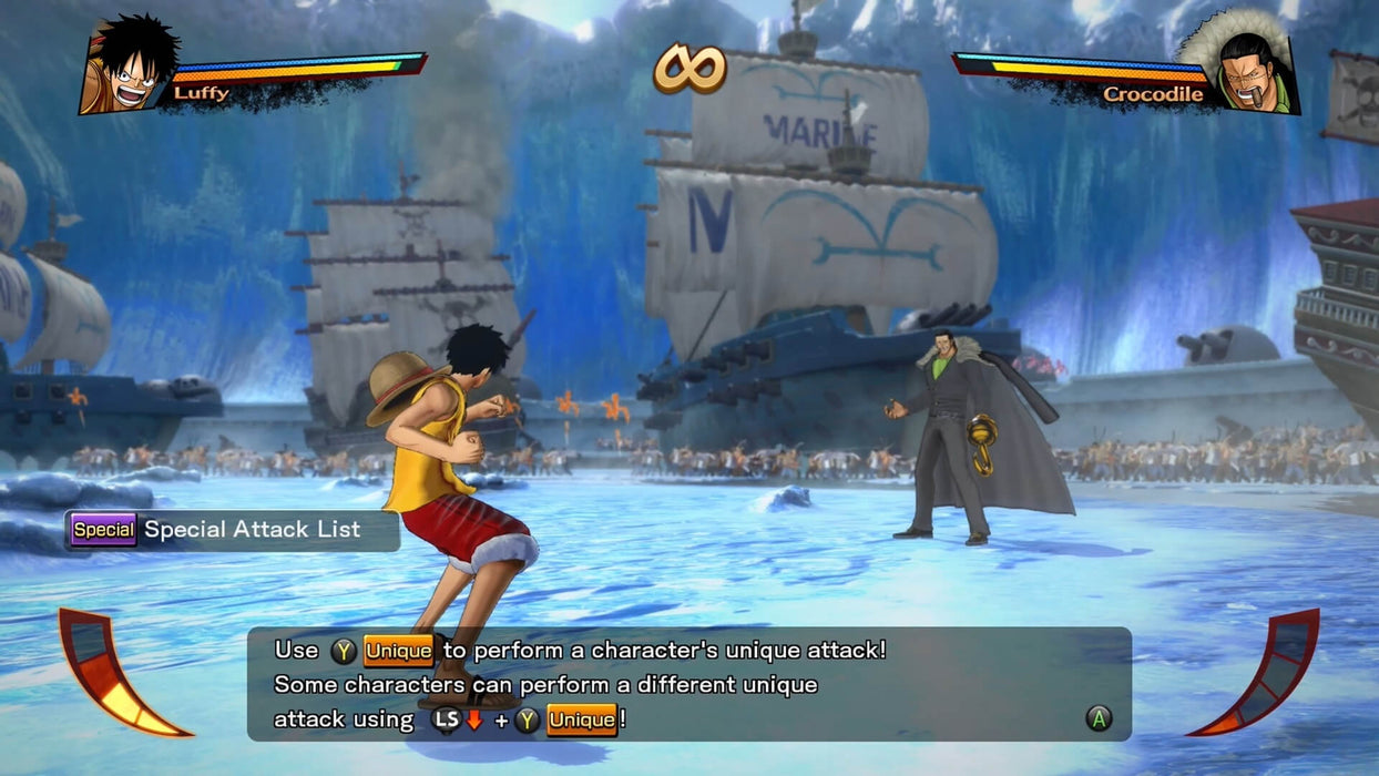 Xbox One gameplay image from One Piece: Burning Blood showing Luffy battling Crocodile with in-game controls on screen. Get your US digital code instantly from RushGame.co and master every unique attack