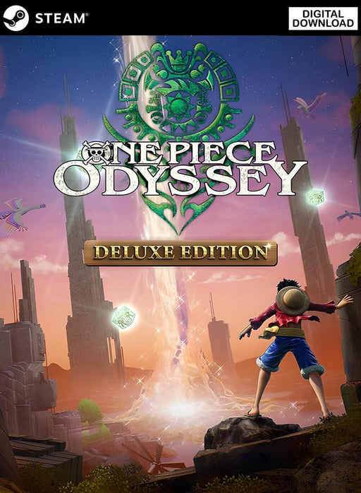 Cover image of One Piece Odyssey Deluxe Edition for PC Steam, featuring Luffy overlooking a mysterious light beam in a fantastical landscape. Buy the digital game key now at RushGame.co