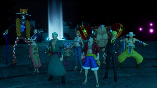 Scene from One Piece Odyssey on PC Steam showing the full Straw Hat crew standing together in a dark cavern, ready for their next adventure. Buy your One Piece Odyssey CD key at RushGame.co