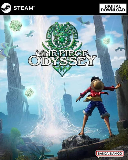  cover image of One Piece Odyssey for PC Steam, featuring Luffy gazing at a mysterious energy pillar in a lush, ancient world. Purchase your Steam CD key now at RushGame.co for instant digital download