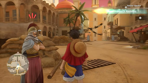 Gameplay moment from One Piece Odyssey on Xbox Series X|S with Luffy facing a guard in the vibrant desert city of Alubarna. Secure your US region game code at RushGame.co