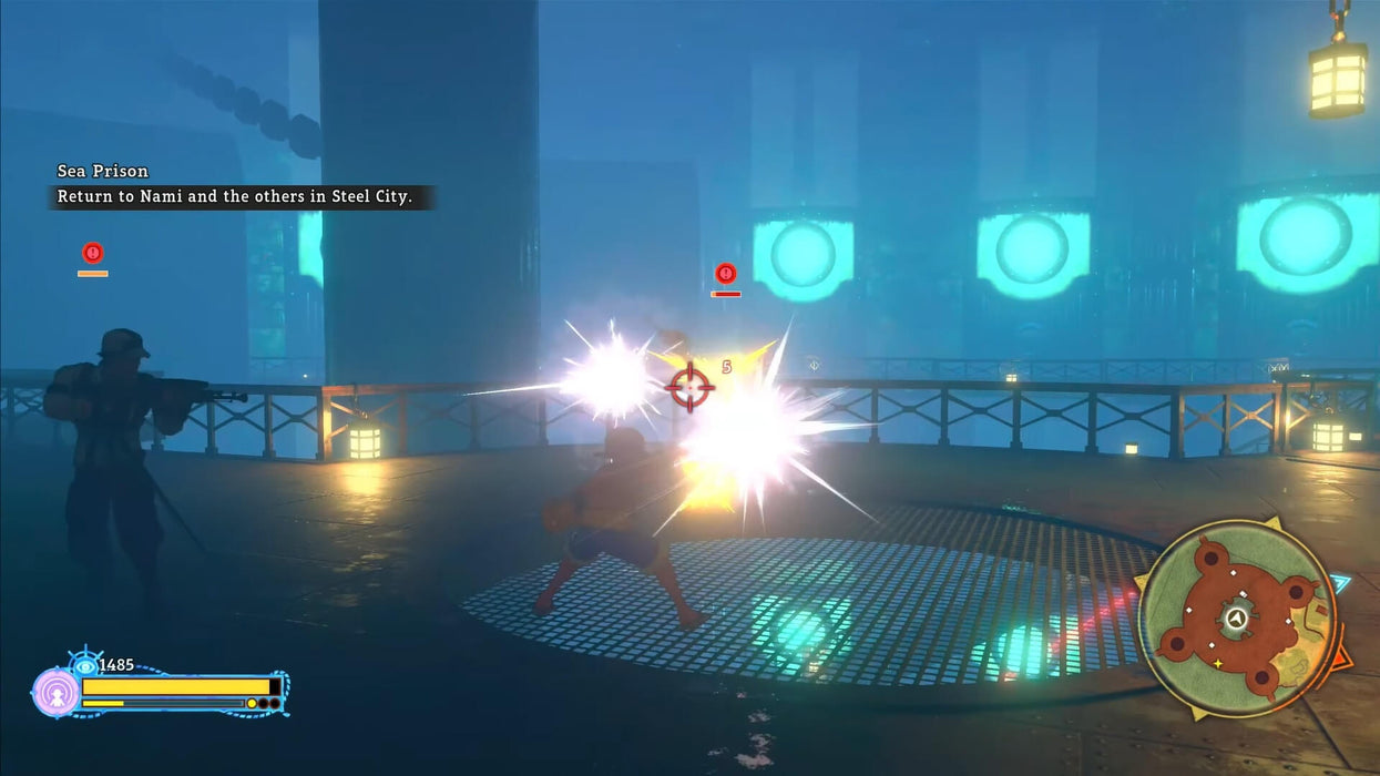 Combat action in ONE PIECE World Seeker for Xbox One, with Luffy attacking a rifleman in the Sea Prison mission. Purchase your US region game key now at RushGame.co and experience dynamic open-world battles