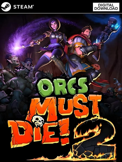Cover art of Orcs Must Die! 2 for PC Steam, featuring the heroic duo battling hordes of orcs in a magical fortress. Get your Steam CD Key now at RushGame.co and defend the rift with style and strategy.