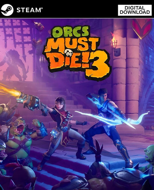 Cover art of Orcs Must Die! 3 for PC Steam, showing powerful heroes fending off waves of orcs in an epic fantasy battlefield. Buy your Orcs Must Die! 3 Steam CD Key today at RushGame.co and unleash devastating traps in thrilling tower defense combat
