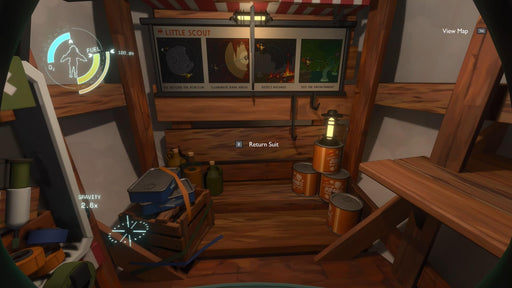 Gameplay screenshot - A detailed look at the player's spaceship setup, with fuel gauge and survival equipment. Purchase the Steam CD Key for Outer Wilds at RushGame.co