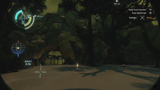 Scenic forest environment inside Outer Wilds, with on-screen HUD showing gravity and fuel—start your exploration with the official Steam key from RushGame.co
