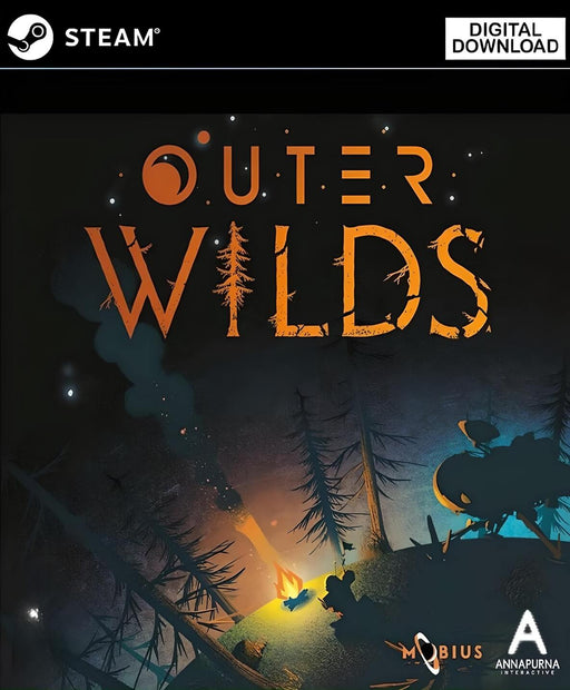 Cover art of Outer Wilds PC Steam edition, showcasing a lone traveler by a campfire under a starry sky—buy the digital game key at RushGame.co for an unforgettable space mystery experience.