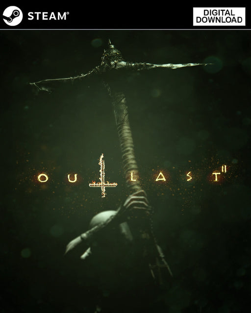 Cover art from Outlast 2 for PC Steam, featuring a haunting figure gripping a twisted cross, symbolizing the psychological horror awaiting in the game – buy your digital game key now at RushGame.co