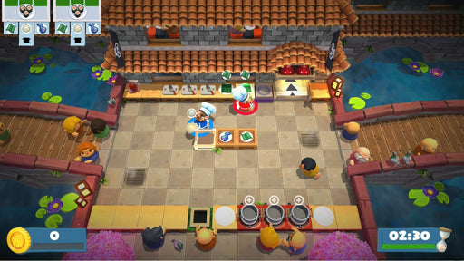 Gameplay from Overcooked! 2 showing chefs preparing sushi in a busy restaurant kitchen surrounded by curious customers. Get your Steam key for Overcooked! 2 at RushGame.co and experience frantic cooking fun with friends