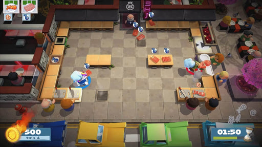 Gameplay image from Overcooked! 2 for Xbox One, featuring a busy sushi restaurant kitchen with players chopping and serving food. Get your Overcooked! 2 Xbox One game key at RushGame.co for fast digital delivery.