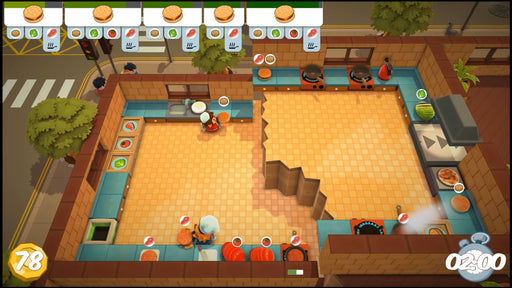 In-game screenshot of Overcooked: Gourmet Edition on Xbox One, showing a split kitchen with chefs preparing burgers under time pressure. Buy the Overcooked CD Key at RushGame.co and experience this fun co-op chaos