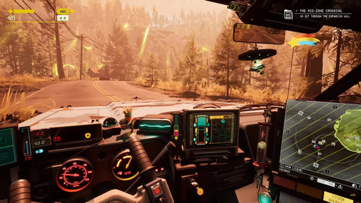 First-person driving perspective in Pacific Drive Deluxe Edition, showing a high-tech dashboard and eerie forest road—get your Steam CD key now at RushGame.co and experience the survival journey