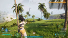 In-game screenshot from Palworld on PC Steam showing a player aiming a bow at an enemy named Syndicate Thug on a tropical island with palm trees. Buy the game code instantly at RushGame.co