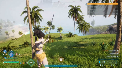 In-game screenshot from Palworld on PC Steam showing a player aiming a bow at an enemy named Syndicate Thug on a tropical island with palm trees. Buy the game code instantly at RushGame.co