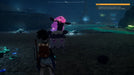 Dark cavern scene in Palworld with a player character and a glowing creature named Killamari, illuminated by eerie blue mushrooms. Get your Palworld Steam CD Key today from RushGame.co.