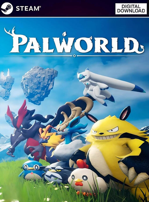 Cover image of Palworld for PC Steam, featuring various colorful Pal creatures set against a bright, fantasy-inspired landscape. Available as a digital game key at RushGame.co.