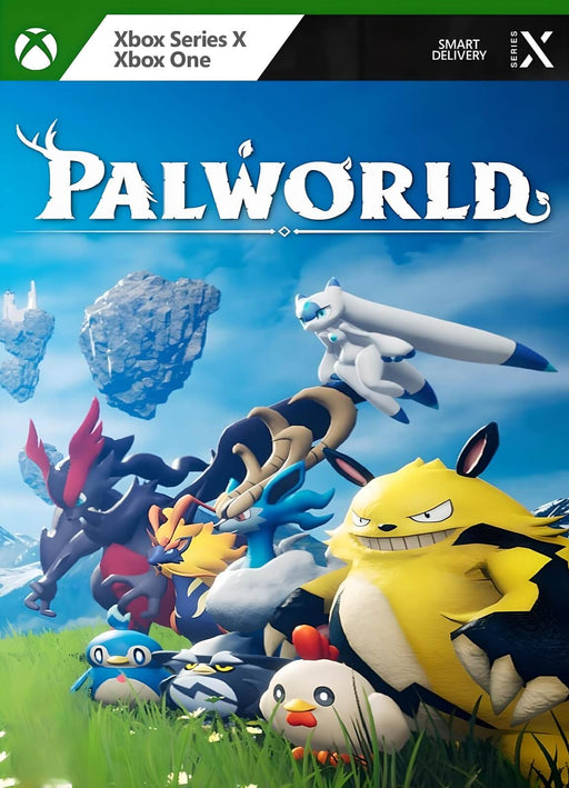 Cover art for Palworld Xbox Series X and Xbox One, featuring various unique creature companions against a vibrant floating island landscape. Get your digital Palworld CD key now at RushGame.co and embark on an open-world survival adventure