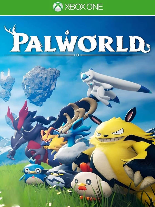 Palworld Xbox One game cover art featuring a colorful group of creature companions in a fantasy world with floating islands. Buy your Palworld Xbox digital CD key now at RushGame.co and start your adventure today