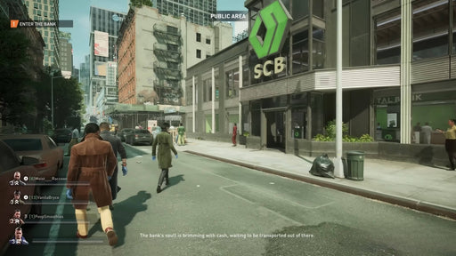 Screenshot from PAYDAY 3 showing players walking into a public bank area during a mission. Get your PAYDAY 3 Steam key at RushGame.co and step into a world of modern bank heists.