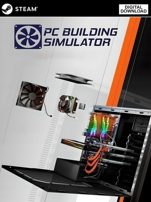 PC Building Simulator game art on Steam, showcasing an exploded view of high-end computer components—get your Steam CD Key instantly from RushGame.co