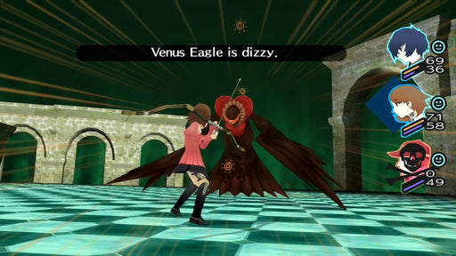 Combat scene from Persona 3 Portable on PC Steam showing a character fighting the Venus Eagle enemy with battle stats visible. Experience turn-based RPG action—download your Persona 3 Portable Steam key from RushGame.co