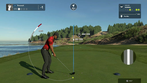 Gameplay screenshot from PGA TOUR 2K23 Deluxe Edition on Xbox showing a golfer lining up a powerful tee shot on a lush coastal course. Unlock realistic golf simulation with your Xbox digital code from RushGame.co