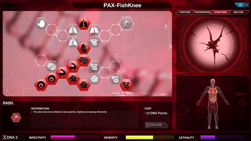 Screenshot from Plague Inc: Evolved showing the mutation screen with symptom nodes like rash and nausea. Strategically evolve your plague using a Steam CD key from RushGame.co
