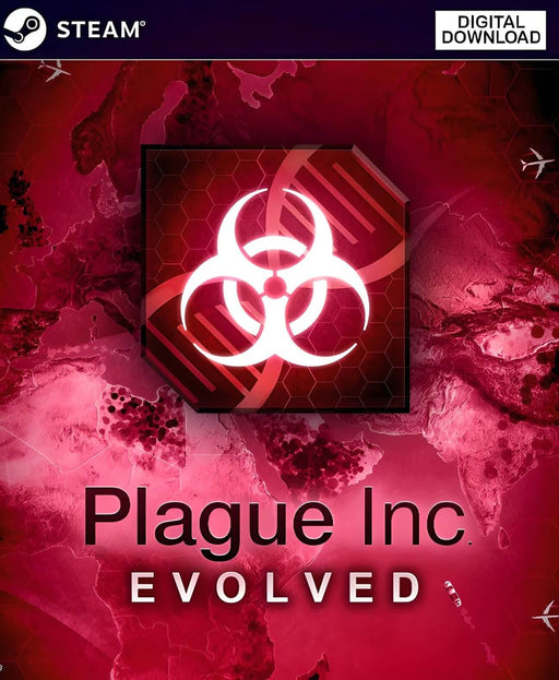 Cover art of Plague Inc: Evolved for PC Steam digital download, featuring a biohazard symbol on a red pandemic-themed world map. Get your Steam game key now at RushGame.co