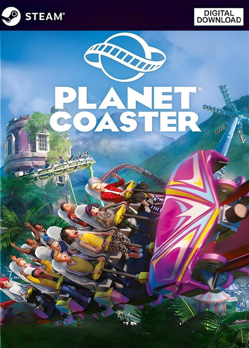 Promotional cover for Planet Coaster on PC Steam, featuring colorful cartoon-style characters on a rollercoaster. Buy your digital CD key now at RushGame.co and build your dream theme park