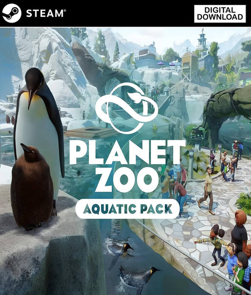 Cover art of Planet Zoo: Aquatic Pack DLC for PC Steam, featuring penguins in a snowy habitat and a busy zoo setting. Get your Planet Zoo: Aquatic Pack Steam CD Key now at RushGame.co for instant download
