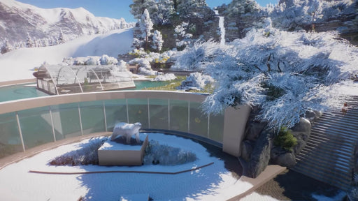 A winter-themed zoo environment from Planet Zoo: Arctic Bundle on PC Steam with snow-covered trees and a polar bear statue, available now at RushGame.co