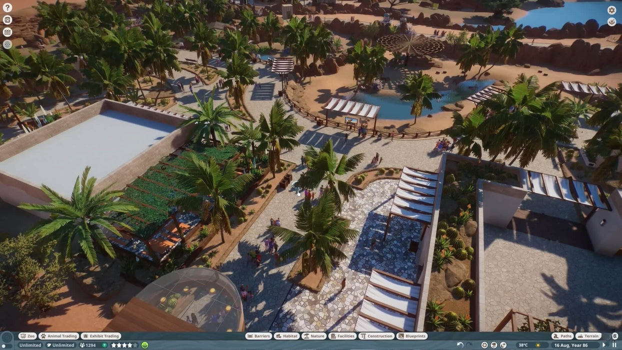 Aerial view of a desert-themed zoo layout in Planet Zoo: Arid Animal Pack DLC on PC Steam, showcasing palm trees, walking paths, and animal enclosures. Discover this immersive zoo simulator with a CD key from RushGame.co