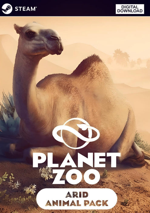 Cover art for Planet Zoo: Arid Animal Pack DLC on PC Steam featuring a close-up of a resting camel in a desert environment. Purchase your official Planet Zoo Steam key at RushGame.co – fast and secure digital delivery