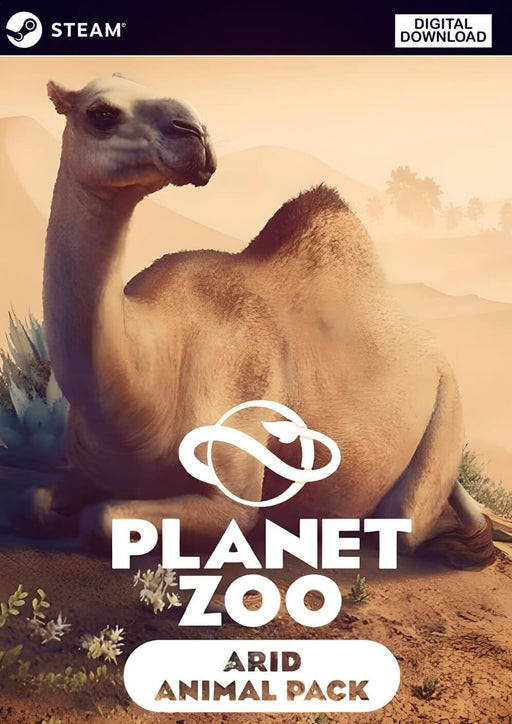 Cover art for Planet Zoo: Arid Animal Pack DLC on PC Steam featuring a close-up of a resting camel in a desert environment. Purchase your official Planet Zoo Steam key at RushGame.co – fast and secure digital delivery