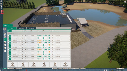In-game screenshot from Planet Zoo: Australia Pack DLC on PC Steam showing the staff management interface with a view of a large zoo area and lake. Enhance your zoo operations—get your Steam key today at RushGame.co