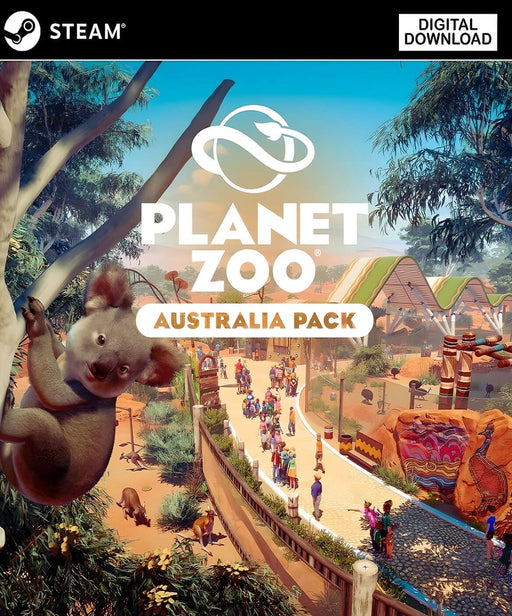 Cover art for Planet Zoo: Australia Pack DLC on PC Steam featuring a playful koala and a vibrant zoo environment inspired by Australian wildlife. Purchase your official Planet Zoo Australia DLC key now at RushGame.co