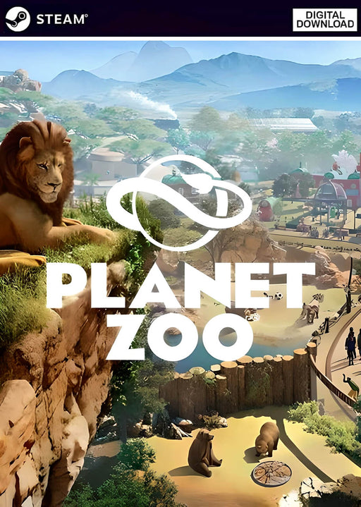 Cover image for Planet Zoo Deluxe Edition for Steam, featuring a majestic lion and expansive zoo vistas — purchase your digital code today at RushGame.co