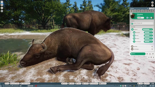 Gameplay image from Planet Zoo: Eurasia Animal Pack on PC Steam featuring a close-up of two wisents resting and grazing in a snowy habitat. Get your official DLC game code today at RushGame.co