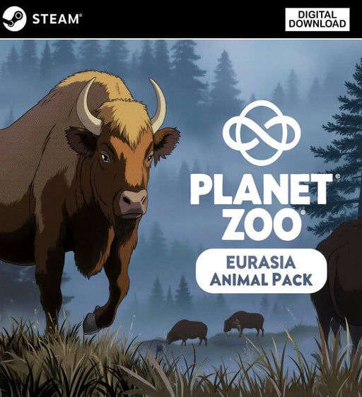 Cover art for Planet Zoo: Eurasia Animal Pack DLC on PC Steam showcasing a European bison in a misty forest landscape. Buy your Planet Zoo Eurasia DLC key now at RushGame.co and expand your zoo with iconic Eurasian wildlife