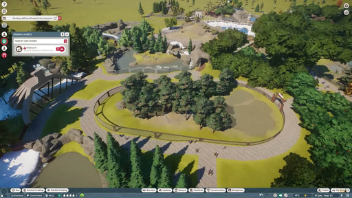 Close-up view of an animal enclosure in Planet Zoo: Europe Pack on PC Steam, surrounded by pine trees and natural elements. Enhance your European zoo experience—buy your game code today at RushGame.co