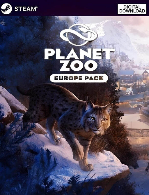 Cover art for Planet Zoo: Europe Pack DLC on PC Steam featuring a majestic lynx prowling through a snowy forest with a scenic village in the background. Purchase your Planet Zoo Europe Pack key now at RushGame.co