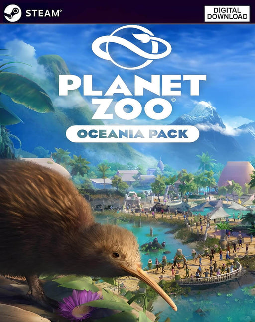 Cover art for Planet Zoo: Oceania Pack DLC on PC Steam featuring a kiwi bird with a lush island-themed zoo in the background. Get your official Oceania Pack game key now at RushGame.co and expand your tropical zoo