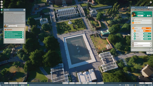 A gameplay screenshot from Planet Zoo on PC Steam showing a detailed aerial view of a beautifully designed zoo with gardens, enclosures, and visitor areas, available at RushGame.co