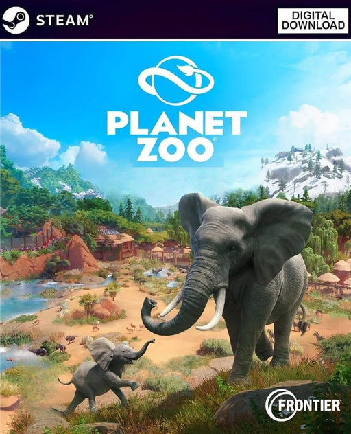 Planet Zoo PC Steam game cover featuring a majestic lion and various zoo animals; buy your Planet Zoo Steam key at RushGame.co for instant download