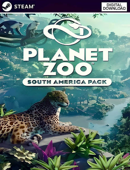 Colorful illustrated cover for Planet Zoo: South America Pack DLC for PC Steam, featuring a majestic jaguar resting in a lush rainforest. Buy the South America Pack Steam CD Key now at RushGame.co for instant delivery and exotic wildlife additions