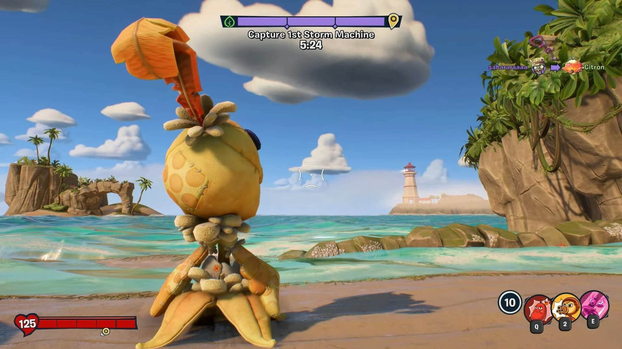 A vibrant gameplay scene from Plants vs. Zombies: Battle for Neighborville on EA Play Origin showing a plant character by the beach, ready for action, available now at RushGame.co