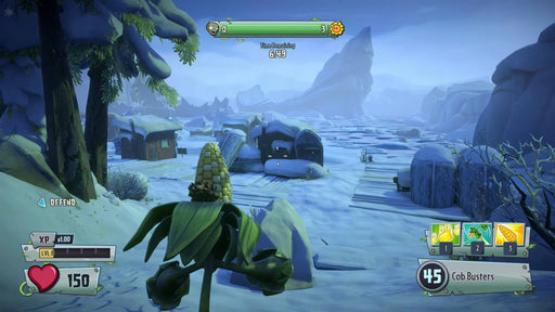 A snowy battlefield scene in Plants vs. Zombies: Garden Warfare 2 Xbox One with a corn character exploring icy terrain, available now at RushGame.co