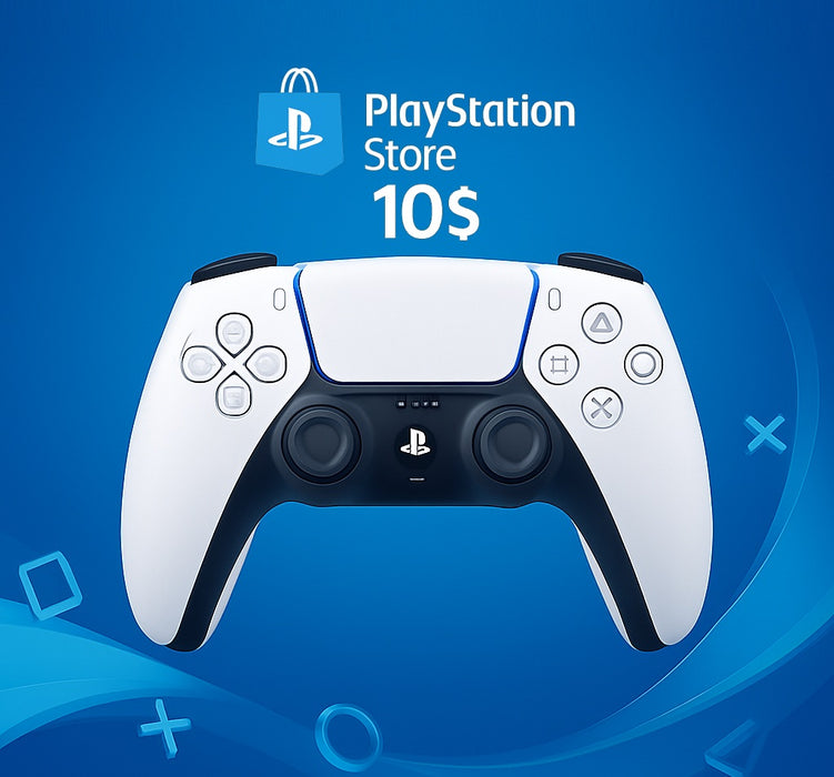 Promotional image of a PlayStation Network Card worth $10 USD, featuring a DualSense controller on a blue background – buy your PlayStation Store $10 Card US now at RushGame.co