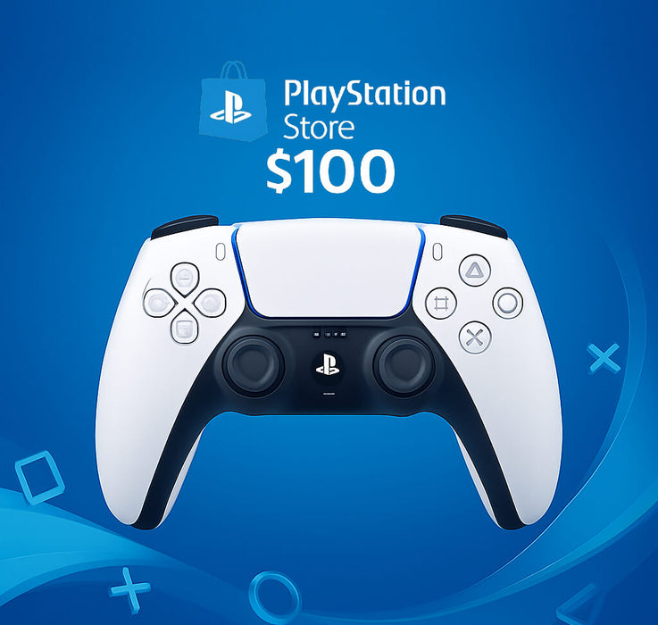 Promotional image of a PlayStation Network Card worth $100 USD, featuring a PlayStation DualSense controller on a blue background – buy your PlayStation Store $100 Card US today at RushGame.co for instant access