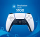 Promotional image of a PlayStation Network Card worth $100 USD, featuring a PlayStation DualSense controller on a blue background – buy your PlayStation Store $100 Card US today at RushGame.co for instant access